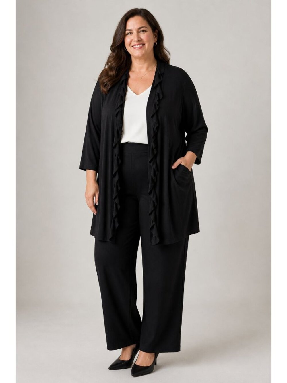 Antthony Cardigan Black Open Front Ruffle Midi Length Classic 2X Plus Size - Picture 10 of 10
